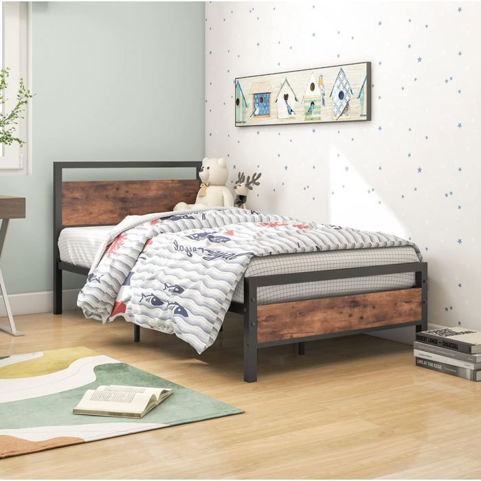 Lit 1 Place 90x200 Metal MDF Marron Cadre Vintage FloraGrace Pour Chambre Enfant Ou Ami Sommier Inclus 206 5x91x91cm