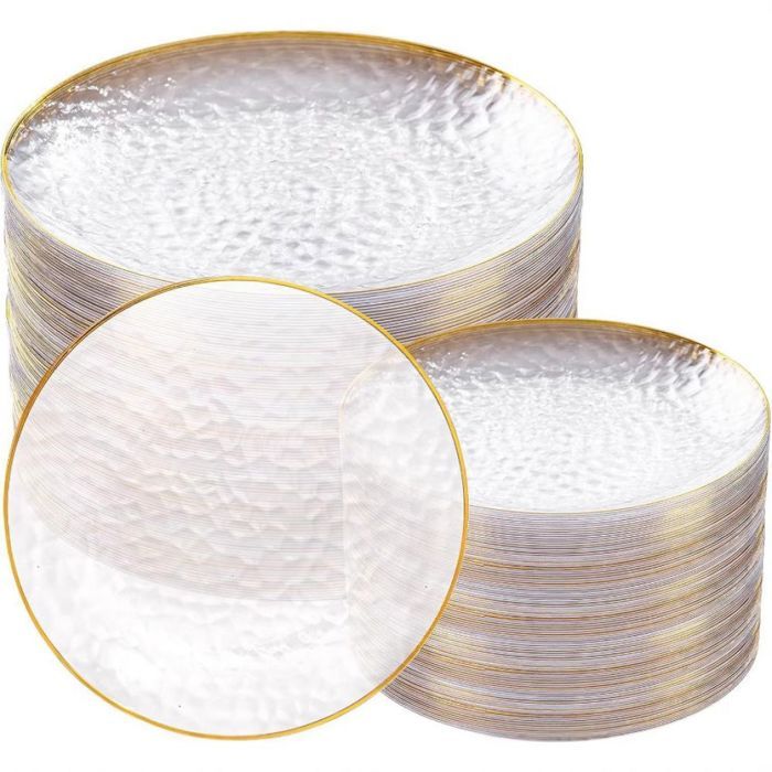 Lot de 3 assiettes en plastique transparent 23 cm bord doré résistant réutilisable fête mariage .