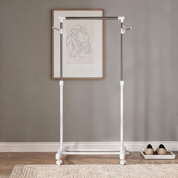 Portant à vêtements en acier inoxydable hauteur réglable 87-145 cm avec étagère et crochets latéraux blanc