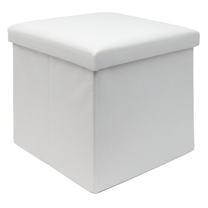 Pouf coffre de rangement pliable 38 x 38 x 38 cm blanc - tabouret cube en tissu aspect velours côtelé repose-pieds avec couvercle