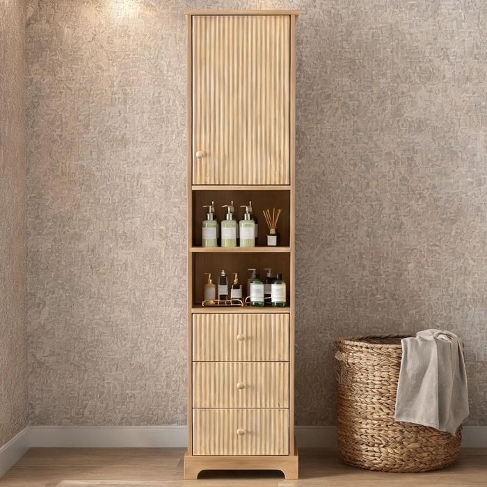 Meuble haut de salle de bain en MDF thermoformé PVC motif vertical 3 tiroirs 2 niches 40x30x172 cm teinte bois chaud naturel