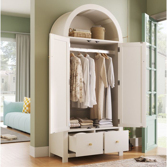 Armoire de chambre blanche 78 x 45 x 181 cm style campagne 2 portes 2 tiroirs barre de penderie rotin anti-basculement