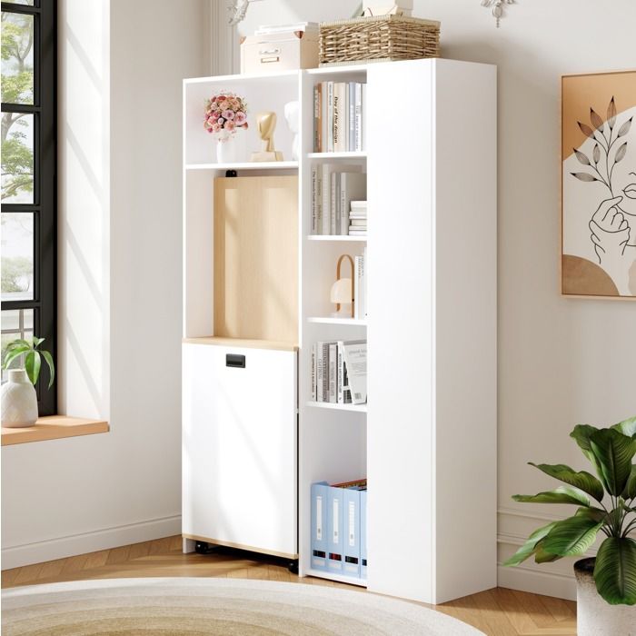 Secrétaire pliable blanc décor bois 104 5 x 30 5 x 160 cm bureau 2-en-1 prise EU USB anti-basculement