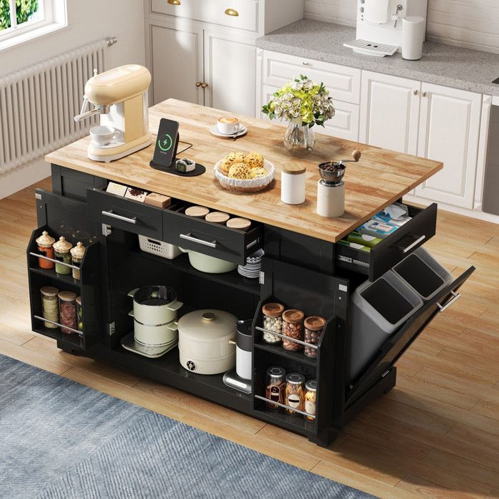Îlot de cuisine 138cm aspect bois avec plan rabattable roulettes prise EU étagères réglables espace poubelle extractible noir
