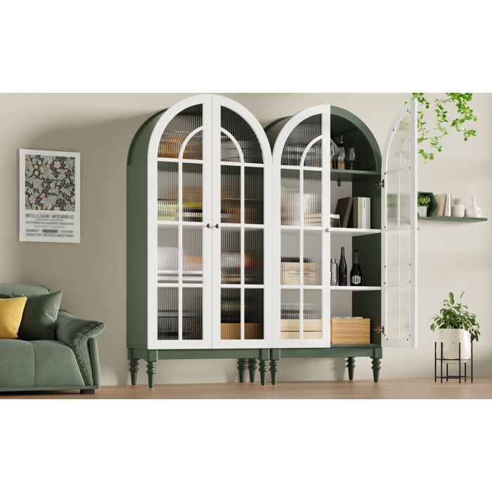 2-set Vaisselier Bogen-Vitrinenschrank 165cm avec portes double vitrées Riffelglas 3 étagères 2 couleurs (Vert foncé + Blanc)