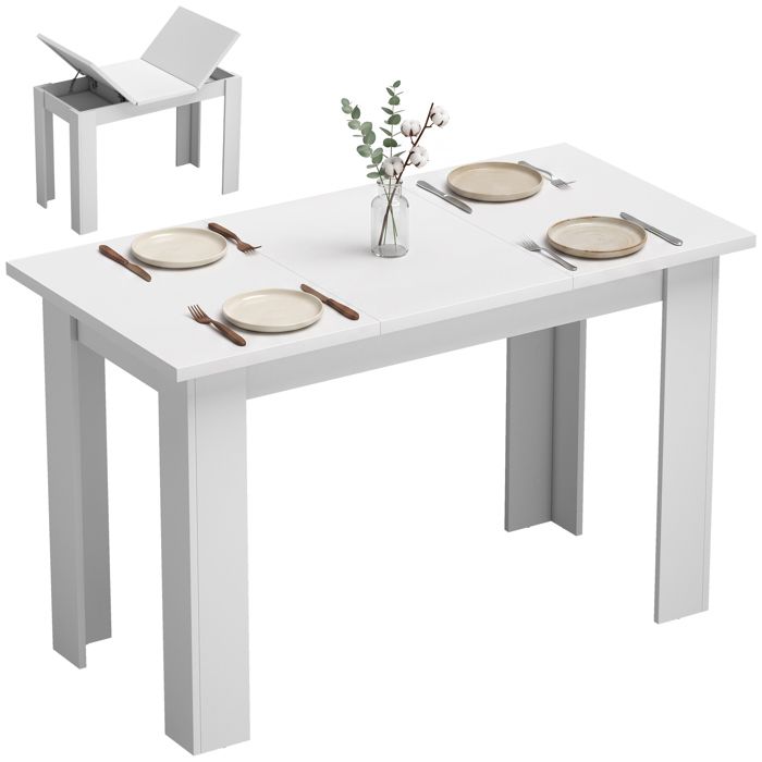 Table à manger - HOMCOM - pour 4 personnes - plateau relevable et rangements cachés - bois - 120 x 60 x 755 cm - blanc