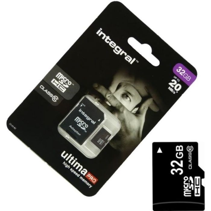 Carte mémoire SD micro INTEGRAL SDHC UltimaPro Classe 10 (90 Mo/) 32GB (+  adaptateur SD)