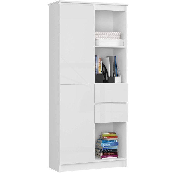 Bibliothèque de bureau AKORD R15 Blanche 80 cm 1 porte 2 tiroirs façade Blanche Brillante 7 étagères 80x35x180 cm Bibliothèque de bureau AKORD R15 Blanche 80 cm 1 porte 2 tiroirs façade Blanche Brillante 7 étagères 80x35x180 cm