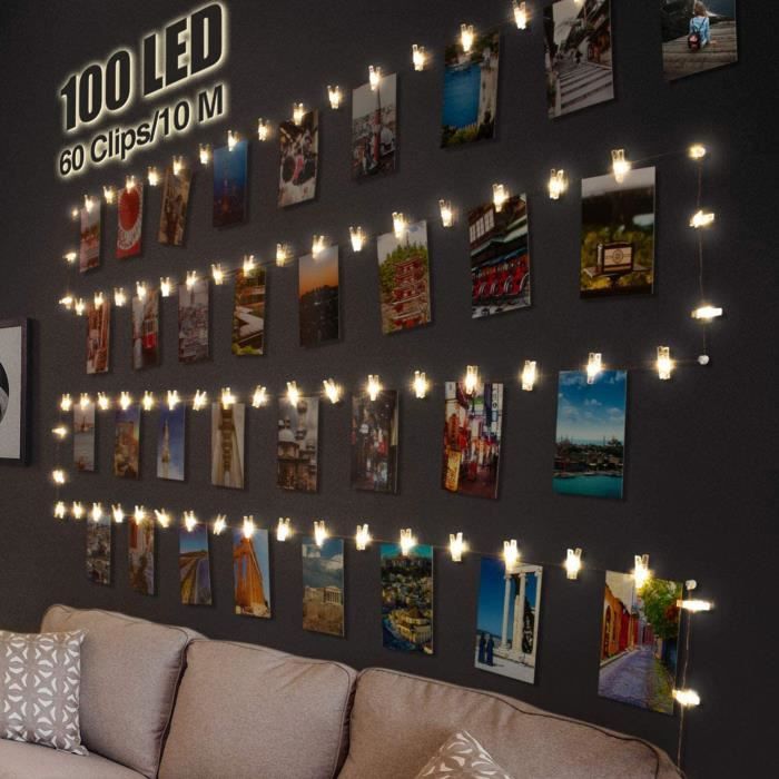 Guirlande Lumineuse Chambre 10m 100led Guirlande Led Photo Batterie Alimente Porte Photos Avec 60 Photo Clips Decoration Interieur Cdiscount Maison