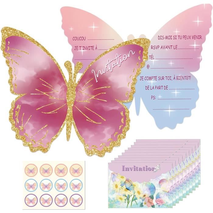 12 Cartes Invitation Anniversaire Fille Papillon - Avec Enveloppes Et Autocollants - Français - 10.7x13cm