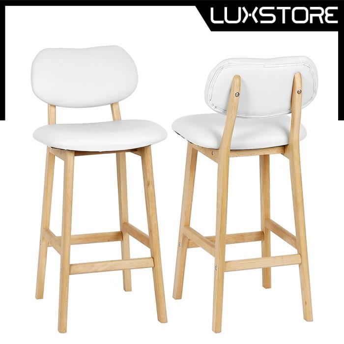 Luxs Lot De 2 Tabouret De Bar Chaise Blanc Pieds En Bois Massif Siège En Similicuir Hauteur 65 Cm