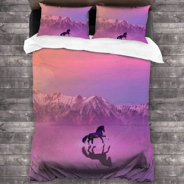 Housse de Couette 3D Cheval Blanc Microfibre avce 2 taies doreillers Fermeture éclair cachée 200x200cm [535]