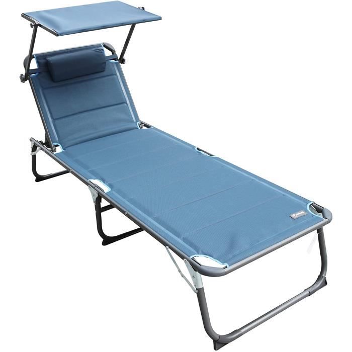 200 x 70 cm format XXL Homecall Chaise longue avec pare-soleil intégré et mousse à séchage rapide Gris 