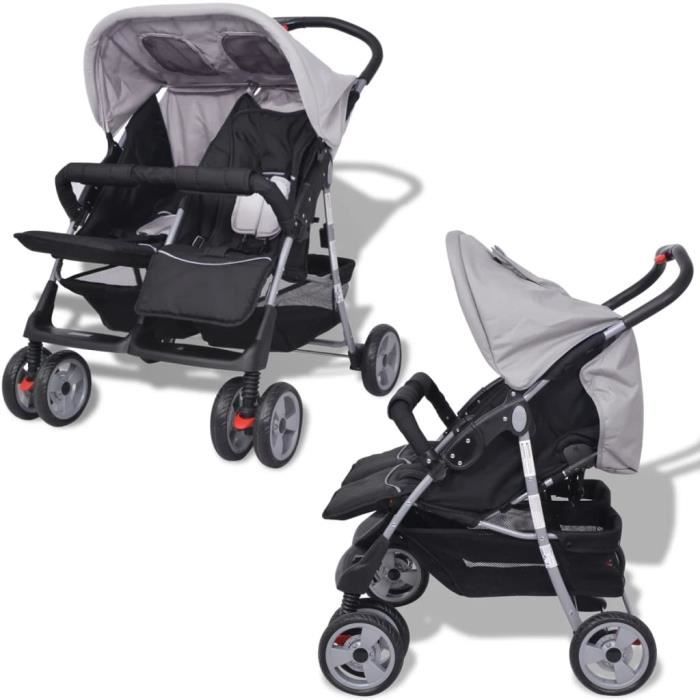 YUYJP Poussette à deux places Acier Poussettes pour bébés Acier + tissu oxford Gris et noir 94 x 80 x 44 cm
