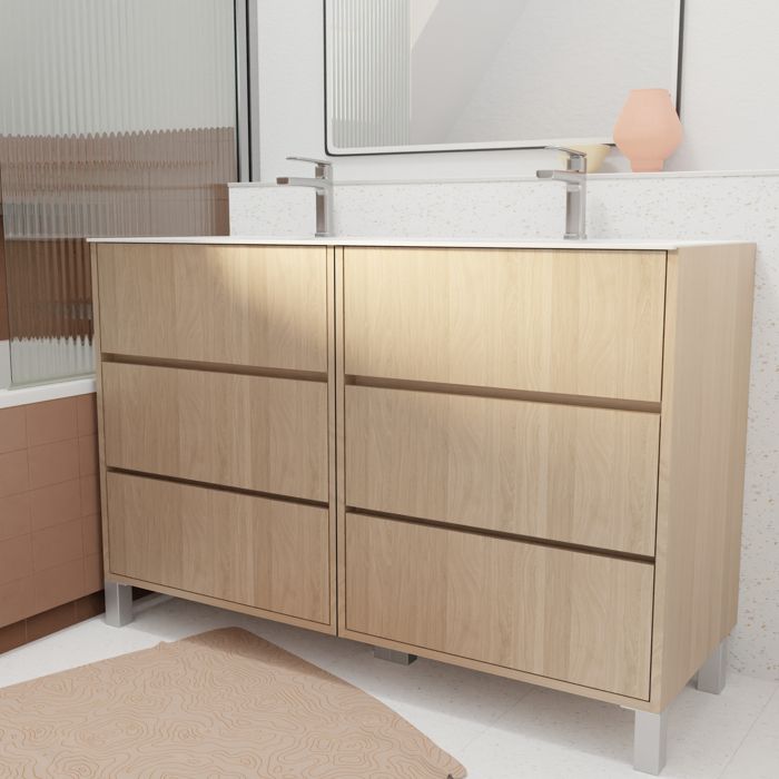 Pack Meuble Salle de Bains 120 cm Chêne Clair 6 tiroirs avec Vasque Céramique - XENOS