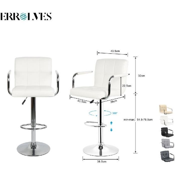 ERROLVES® 2pcs Tabouret de bar Réglage en Hauteur 87-107cm Blanc Chaise haute avec mains courantes et Revêtement en PU