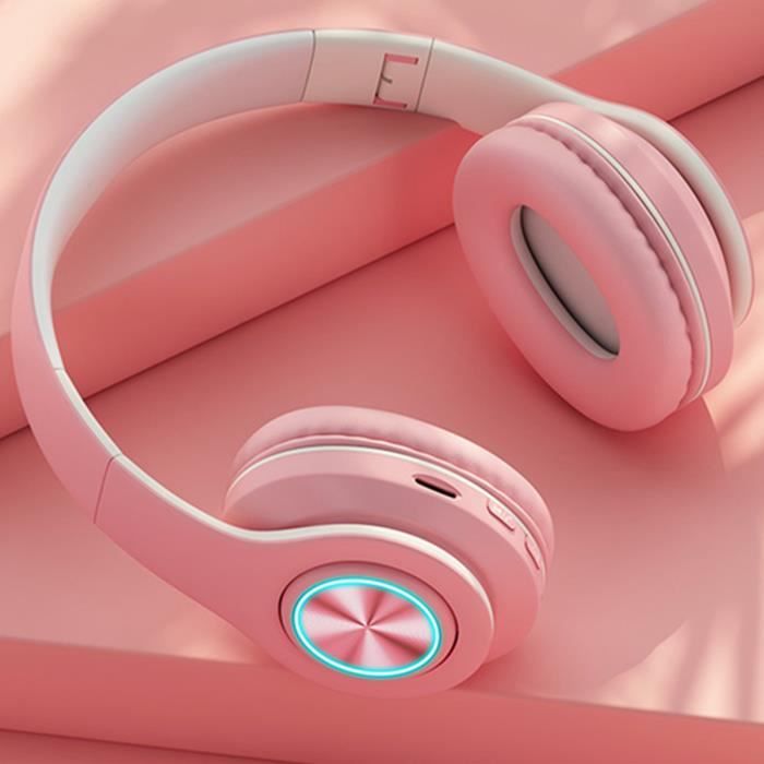 Casque Fille Enfant Bluetooth sans Fil Ecouteurs Macaron Rose