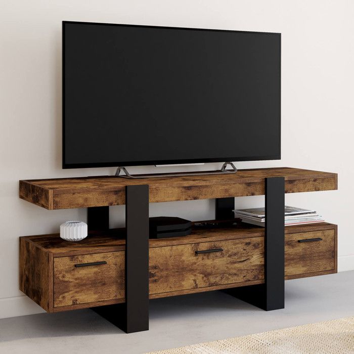 ID MARKET meuble tv PHOENIX 3 tiroirs 116 cm bois foncé à poser