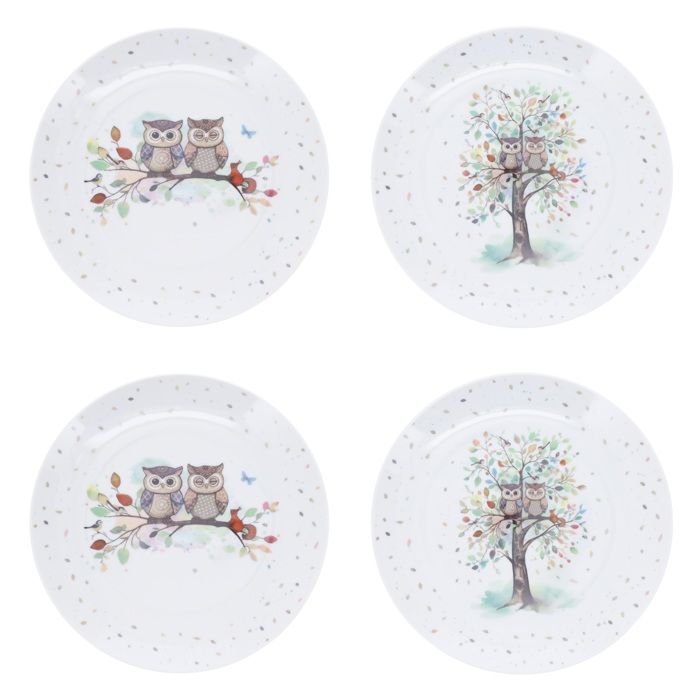 Coffret 4 assiettes dessert portofilio couple chouettes assortis - kiub Coffret 4 assiettes dessert portofilio couple chouettes assortis - kiub