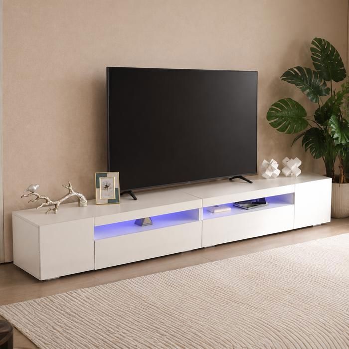 Meuble TV Blanc avec éclairage LED variable 240 x 39 x 35 cm Banc TV Armoire avec 4 Portes Meuble TV Blanc avec éclairage LED variable 240 x 39 x 35 cm Banc TV Armoire avec 4 Portes
