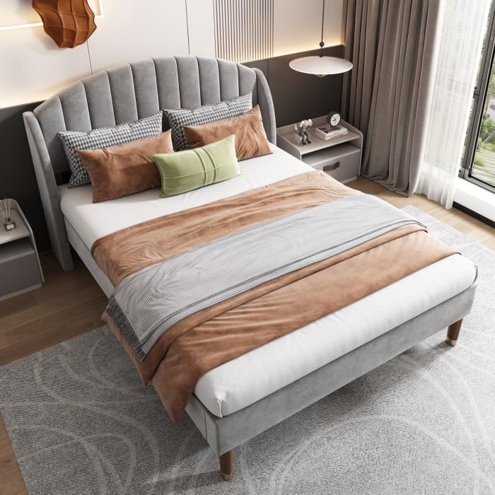 Chambre lit double rembourré 140*200cm, avec sommier à lattes et tête de lit, facile à installer, velours, gris