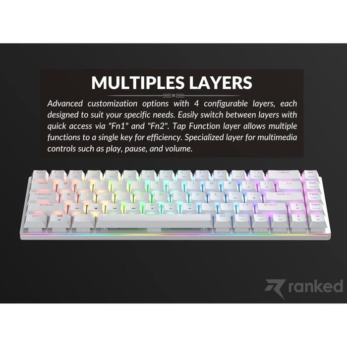 Ranked G65 Guardian 65% | Volledig Aluminium Frame | Hot-Swappable Mechanisch Gamingtoetsenbord | 68 Toetsen RGB LED voor PC/Mac | QWERTY ANSI US lay-out (Wit, Gateron Low Profile Red