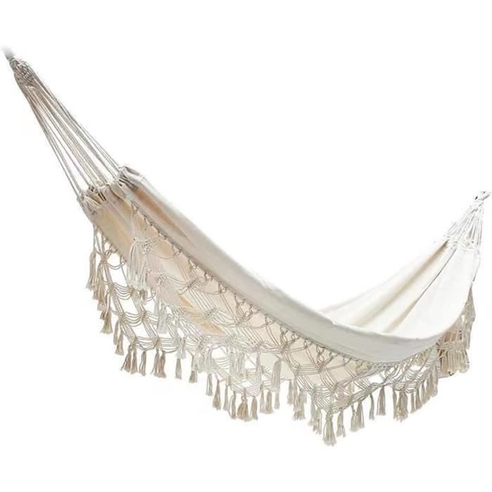 Hamac Extérieur 100x200 Cm En Coton Mélangé Avec Franges – Vert Olive – Charge 110 Kg – Parfait Jardin, Balcon, Camping