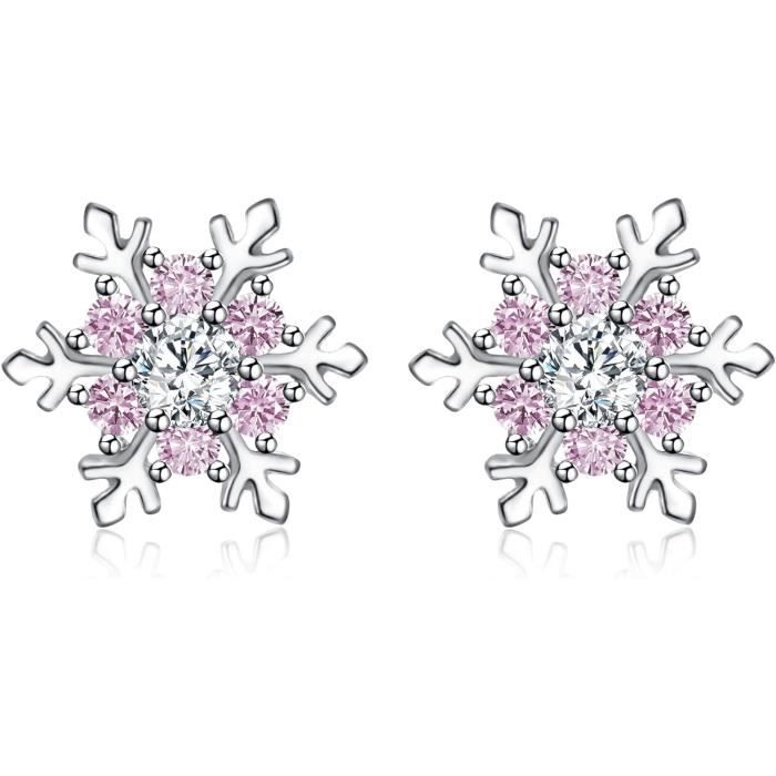 Boucles D'oreilles Clous Flocon De Neige - Cz Argenté, Fermoir Papillon