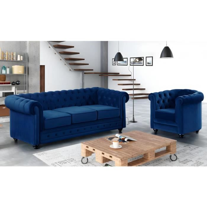 Canapé droit 3 places Bleu Velours Luxe Design