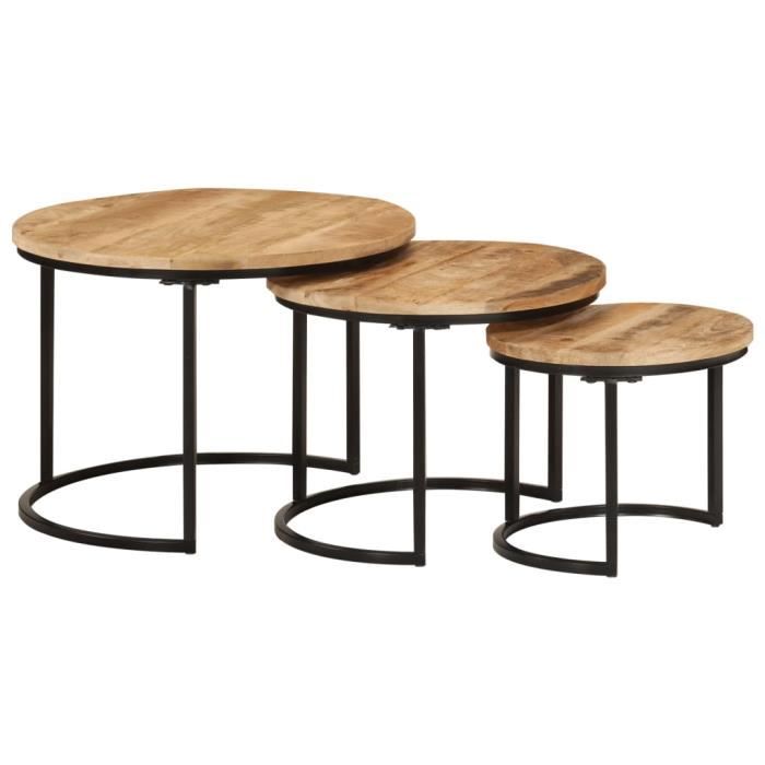 "promo"table de salon lmt - tables gigognes 3 pcs bois de manguier massif brut 10,7kg