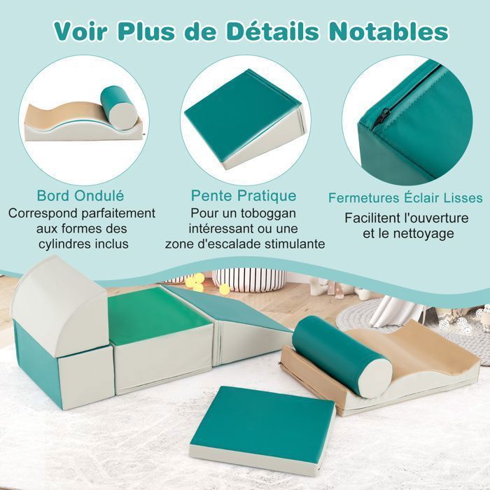 COSTWAY 7 PCS Parcours de Motricité Bébé en Mousse avec Housse en PU, Bloc de Constrcution pour Jeu pour Grimper Ramper Vert