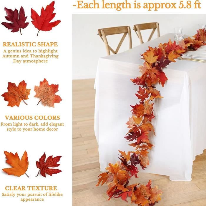Guirlande Feuilles D'Automne Artificielle - Lot De 12, 2,4 M Chacune - Décoration Maison, Jardin, Thanksgiving, Halloween