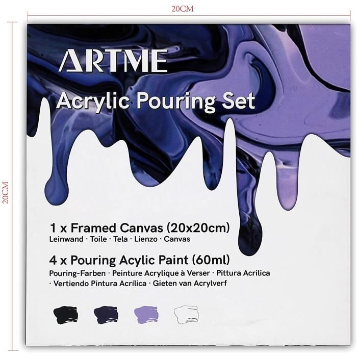 Peinture Acrylique Pouring Coulée - Comprend 4 x Acrylique Haut débit (60  ML), 1 x Toile (20x20 cm) - Kit débutant, Passe-Temps[211]