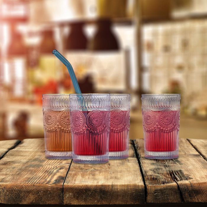 Lot De 4 Verres Long Drink Vintage 400 Ml – Motif Floral Boho, Bord Doré Élégant, Verres à Jus, Cocktails & Eau – Lavables Au Lave-Vaisselle