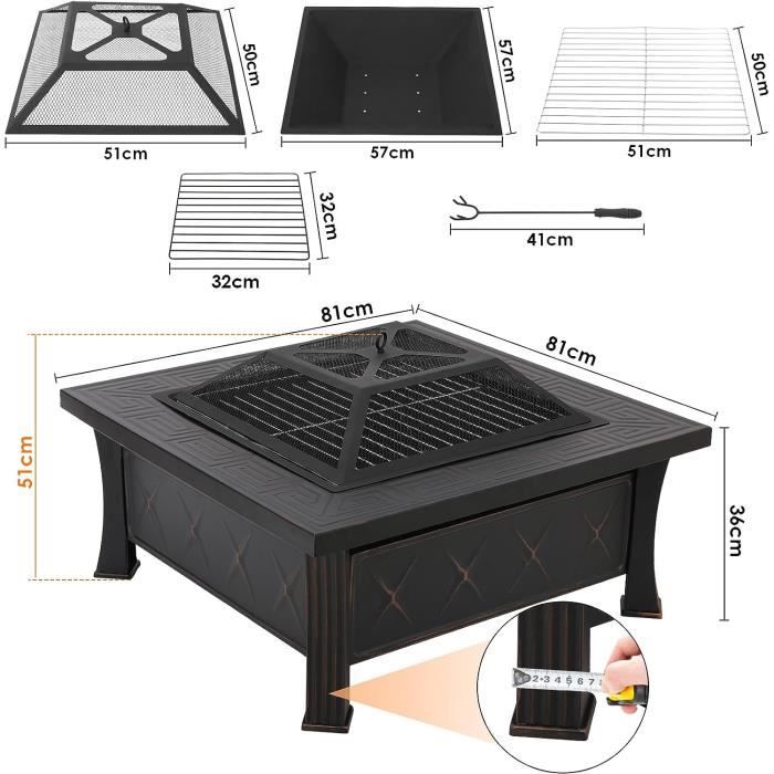 Foyer De Jardin Avec Grill 71x71 Cm - Coupe-feu, Capot étincelles - Pour Barbecue Et Feux De Camp