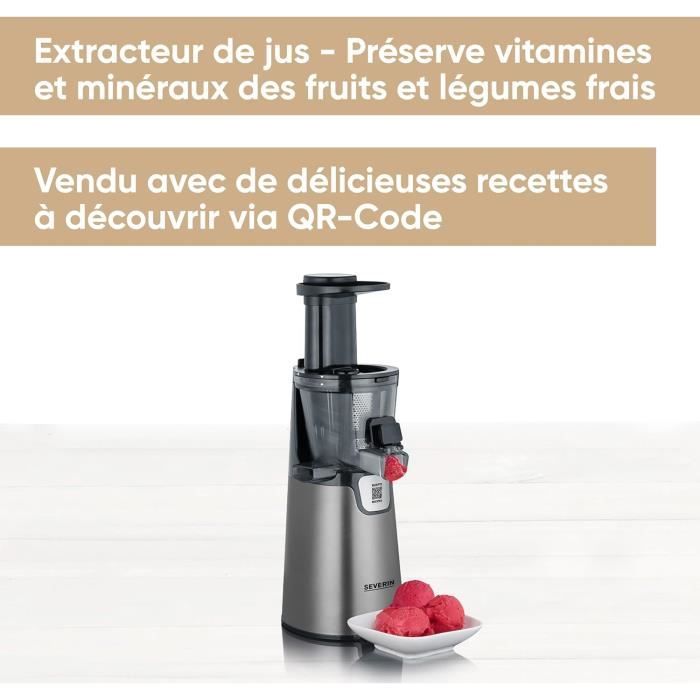 Centrifugeuse Slow Juicer SEVERIN ES 3571 - Presse-agrumes à Froid 150W, 2 Tamis Inox, Bac 1L, Pour Jus, Sorbets, Confitures