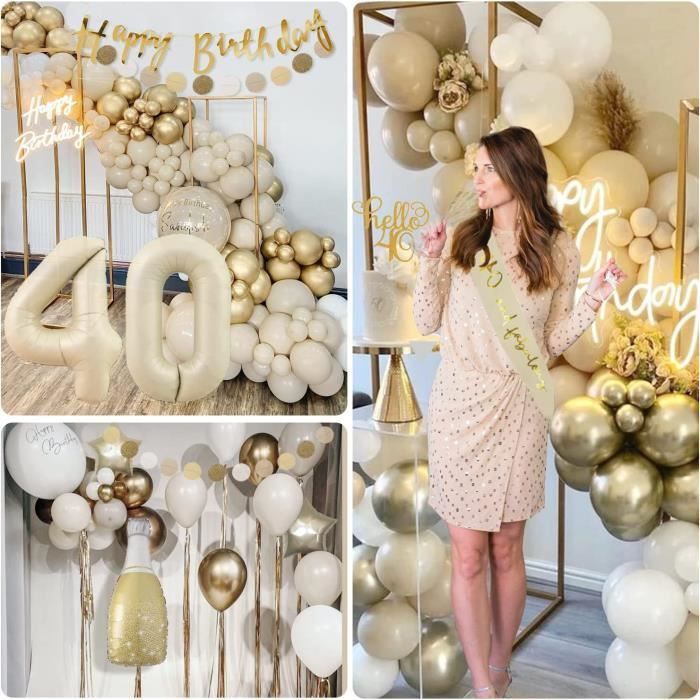Decoration Anniversaire 40 Ans Femme Beige Or - Ballons, Bannière Et Pompons Élégants