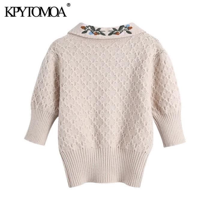 PULL KPYTOMOA femmes 2020 mode broderie florale tricote pull Vintage col claudine manches courtes femme pulls Chic hauts Blanc Cdiscount Pret a Porter