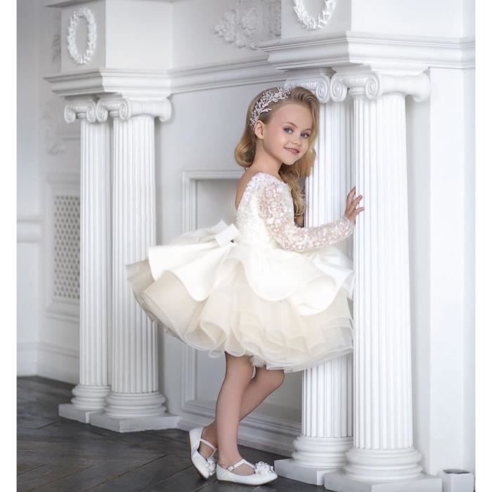 Bebe Fille Fleur Princesse Anniversaire Fete Arc Paillettes Dentelle Manches Longues Robe blanc blanc Cdiscount Pret a Porter