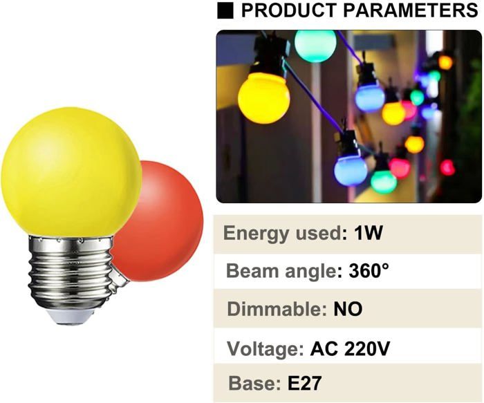 Lot 10 Ampoules LED E27 G45 Couleurs - 1W - Caldarax