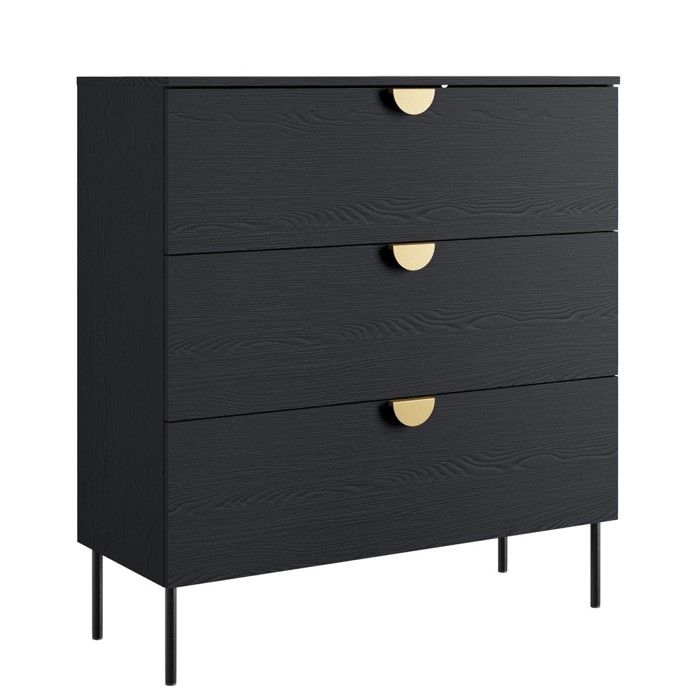 Commode MONDO – Noir structuré et doré – 3 tiroirs – Pieds métal ...