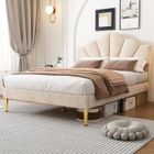 BLANKETSWARM Lit adulte 140x190 cm avec sommier à lattes, Tête de lit en forme de coquille réglable en hauteur, Tissu en velours, Beige