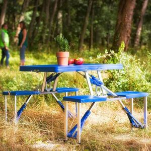 env 110x70cm Table de pique-nique Pliante en Mallette 4 Tabourets Table Table de Camping Portable Réglable en Hauteur |Aluminium et bois de Bambou