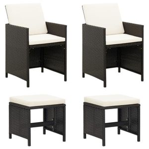 Lot De 4 Tabourets De Jardin Résine Tressée Noirs Avec Coussins Crème – Mobilier Terrasse Balcon Patio Moderne