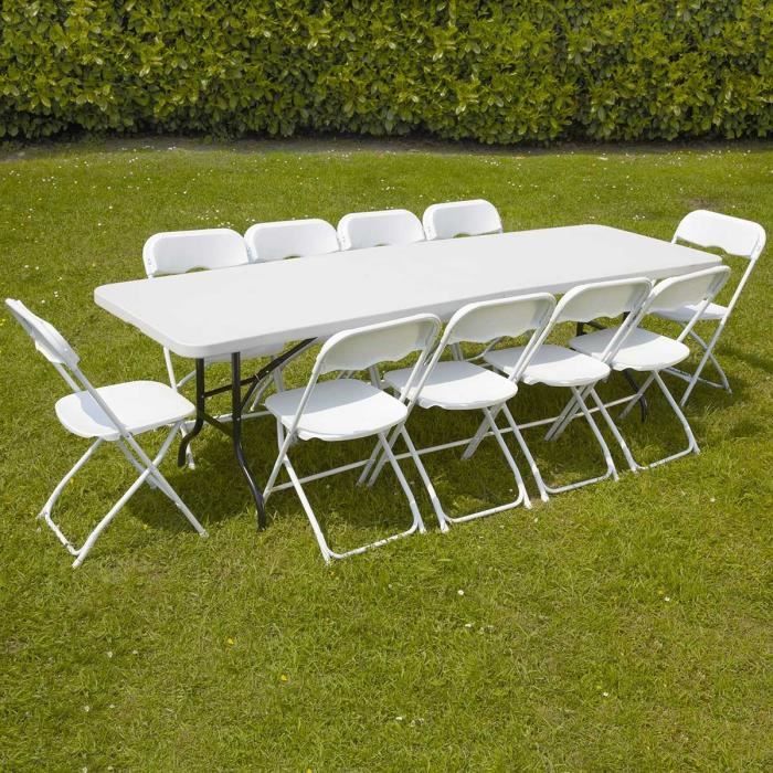Table pliante blanche avec poignée, 240cm, 8 chaises, attribuable O91