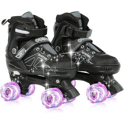 Roller 4 Roues Fille Rollers Enfants 4 Tailles Réglables - 8 Roues Lumineuses - Rose - Sécurité Renforcée Roller Fille Garçon Confort