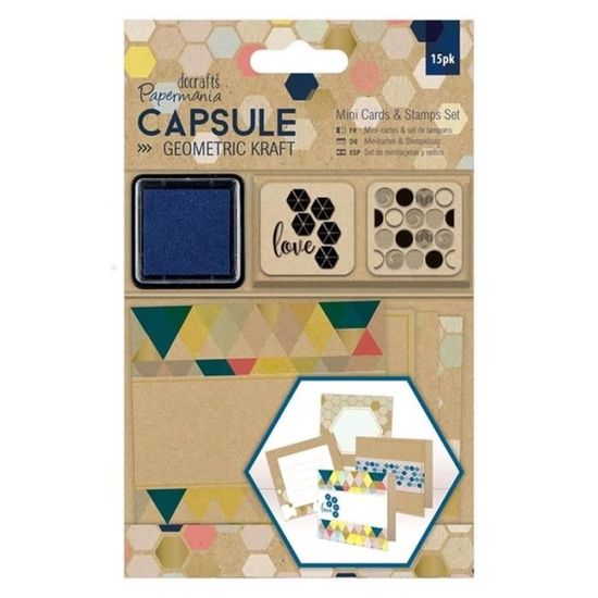 DOCRAFTS Kit Mini-cartes Et Tampons Capsule Geometric Kraft - 27 Pièces