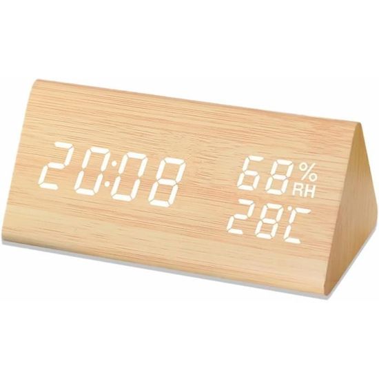 Digital Alarm Clock, Wooden Electronic Led Time Date Display