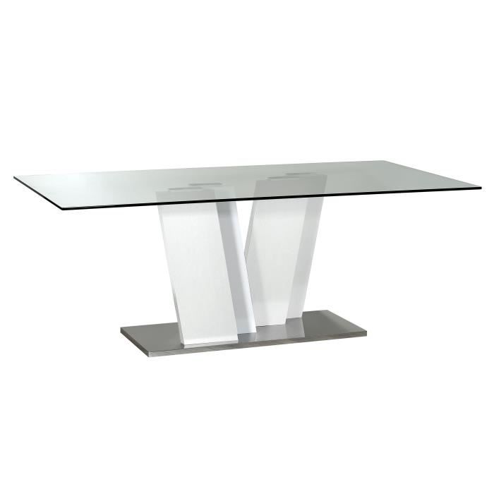 SCIAE Table à manger 6 à 8 personnes - Plateau en verre - Lasué blanc - ELYPSE - L 200 x P 100 x H 76 cm
