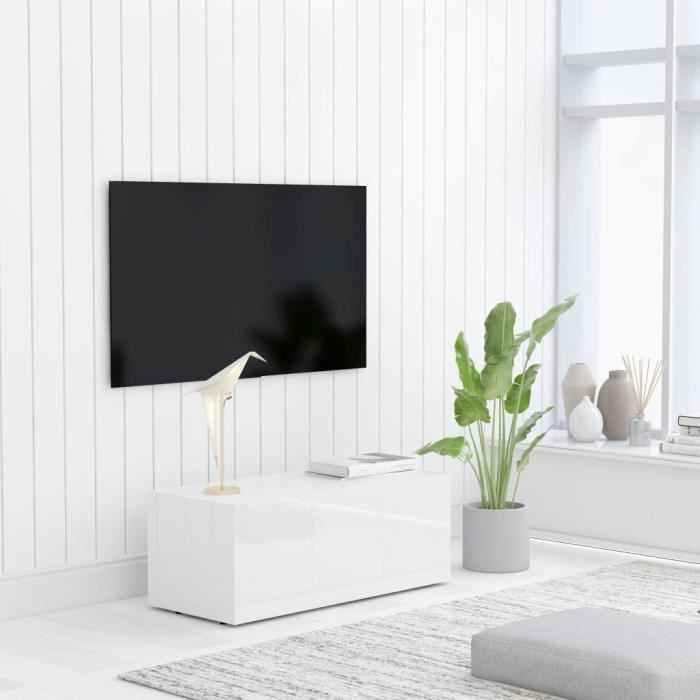 Meuble TV avec 3 tiroirs Aggloméré - 80 x 34 x 30 cm - Style contemporain - Blanc brillant